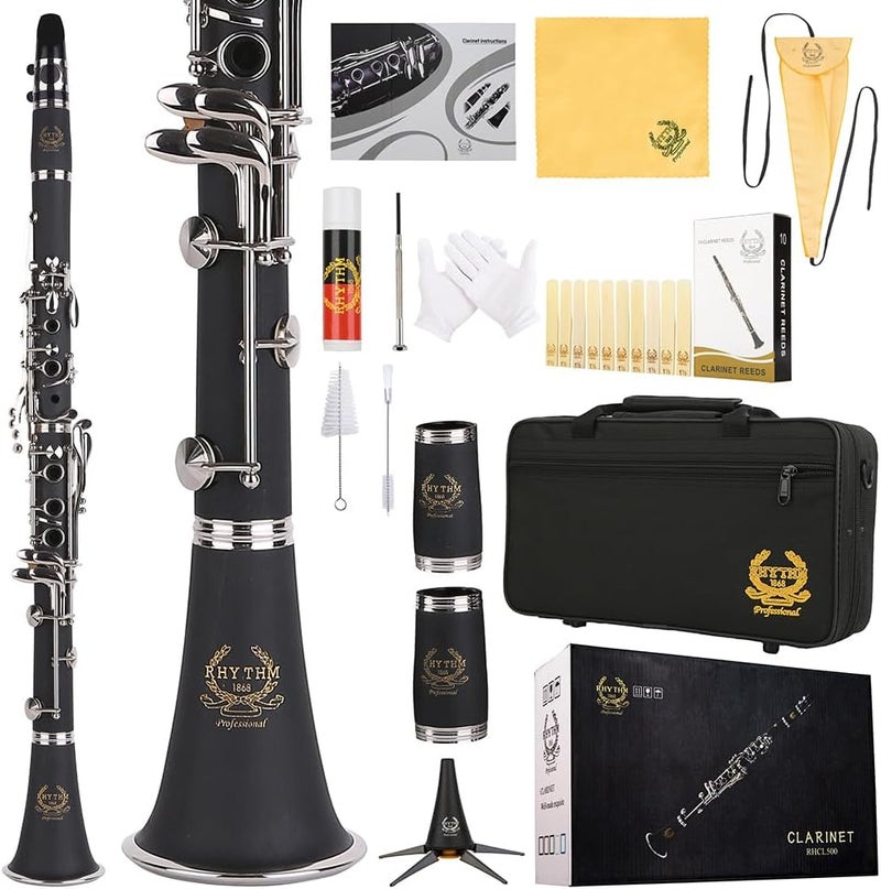Rhythm Bb Clarinet 17 Nickel Keys Woodwind Band & Orchestra Musical Instruments for Beginners Includes Case, Stand, 10 Reeds and Cleaning Kit-Black/Silver keys - Image 1